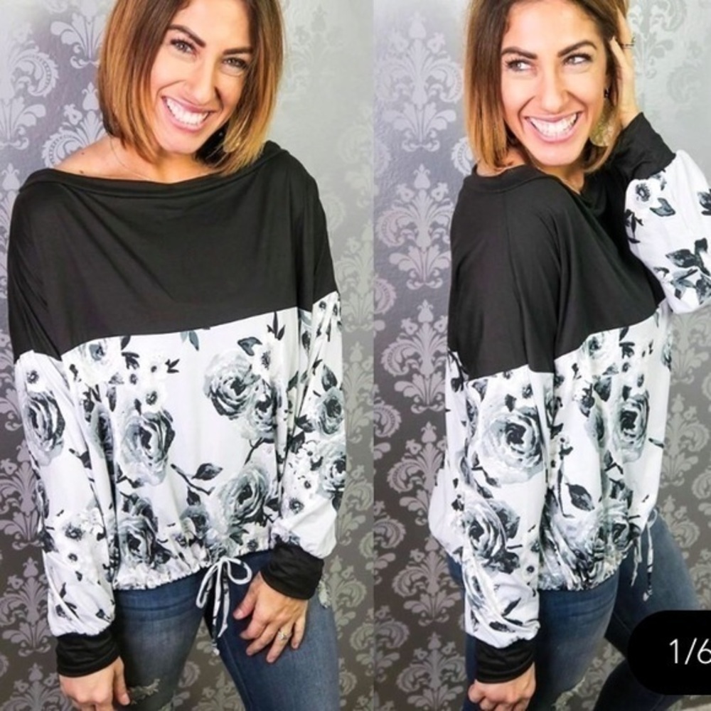 Gray Floral Bubble Sleeve Drawstring Top